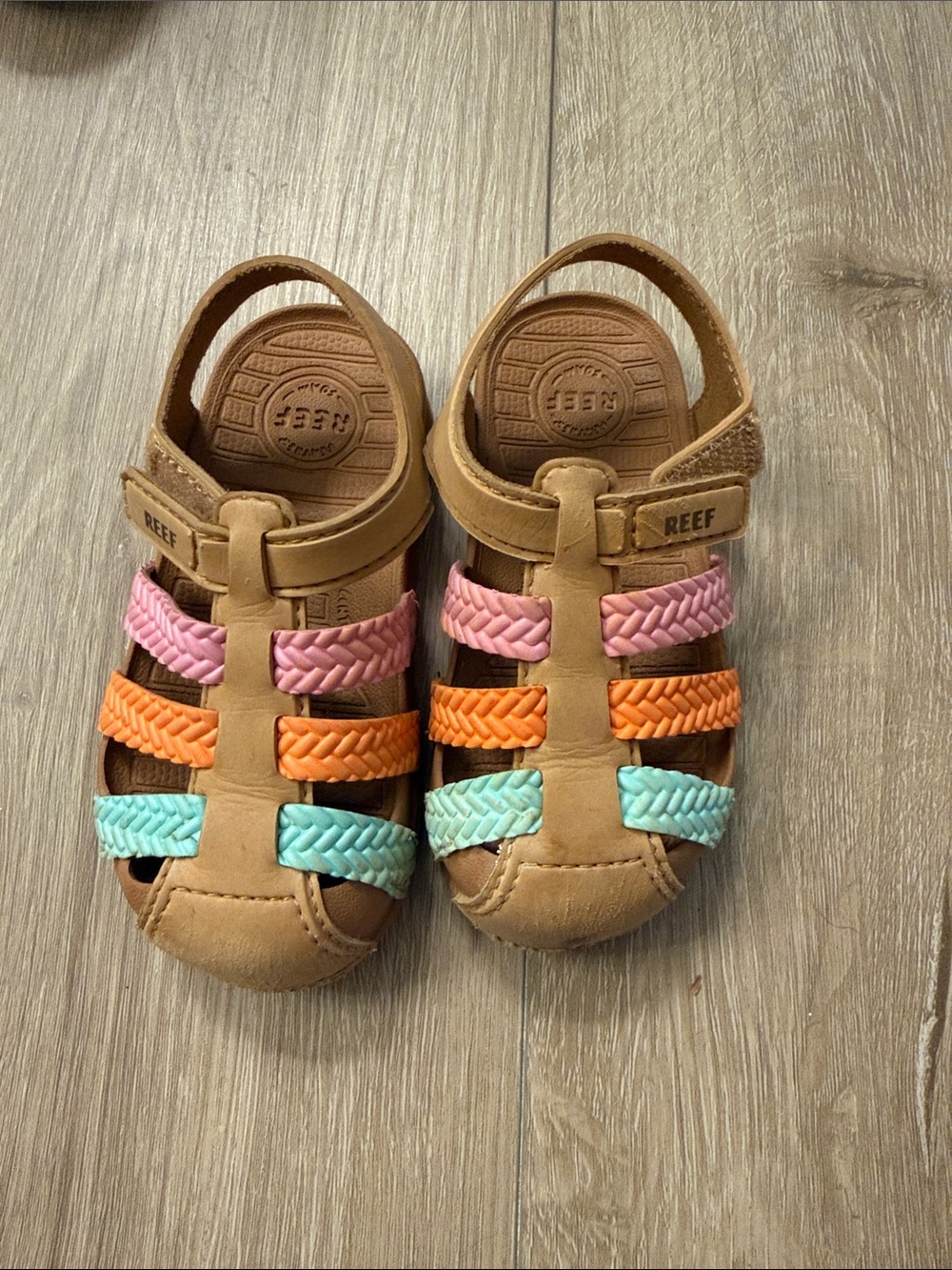 Reef Kids Tan Sandals with Pink, Orange & Aqua Braided Straps